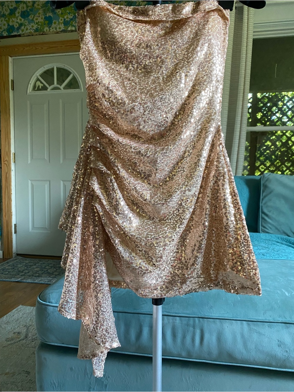 Rose Gold Sequin Mini Dress with Draped Asymmetric Hem